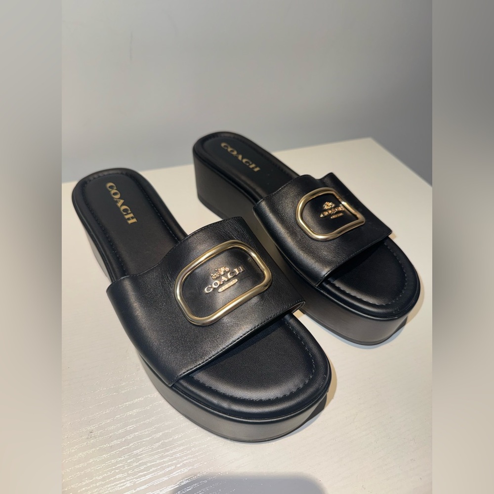 Coach Black Leather Slide Mules with Gold Buckle